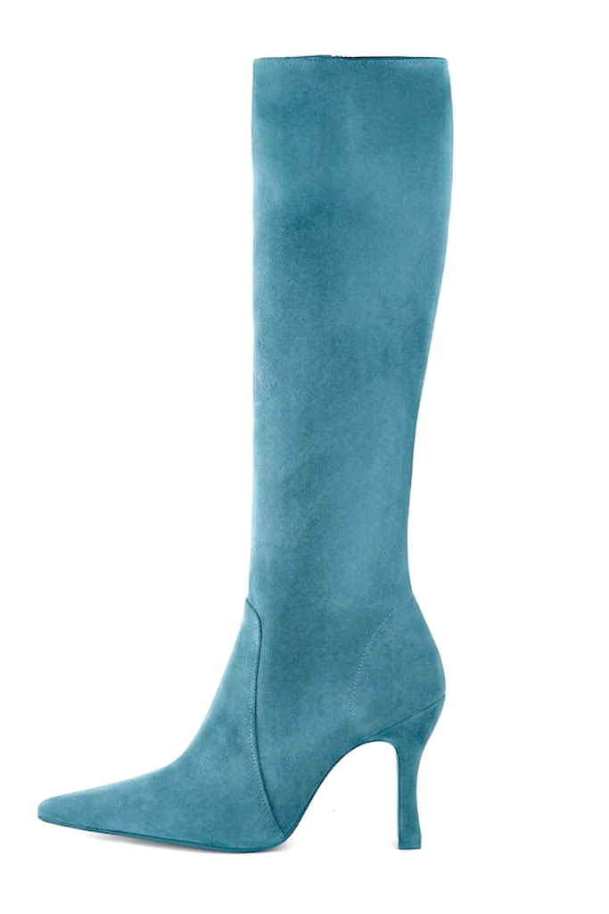 Handcrafted women's comfortable and elegant custom-made formal knee-high boots in peacock blue premium leather. High spool heels. Pointed toe. Perfect for elevated everyday style. 
                Choose from our luxurious collections of leather and fabric to perfectly match your knee-high boots to your outfits. - Florence KOOIJMAN